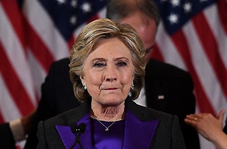 US Democratic presidential candidate Hillary Clinton makes a concession speech after being  defeated by Republican president-elect Donald Trump in New York on November 9, 2016. 